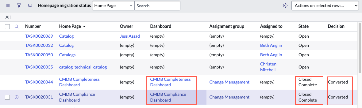 Ergebnisse der Konvertierung von zwei Homepages in Dashboards in der Statustabelle der Homepage-Migration