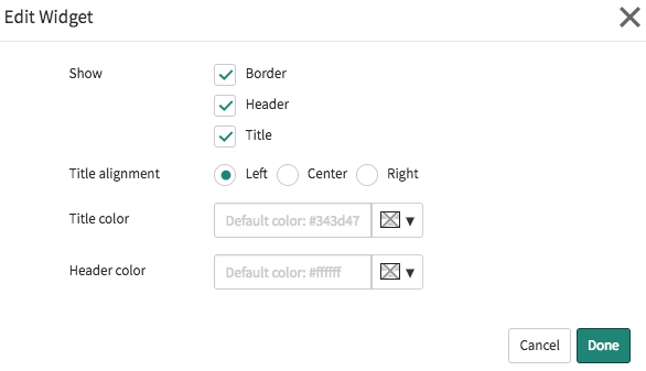 Fenster „Widget bearbeiten“ mit aktivierter Checkbox zum Anzeigen von Rahmen, Kopfzeile und Titel.