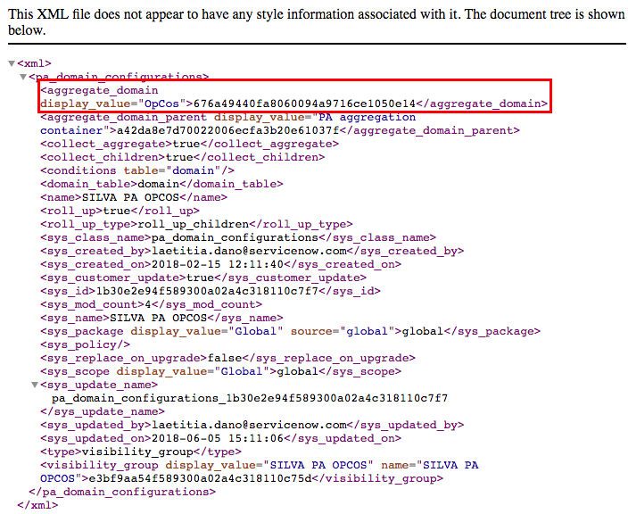 Die XML-Datei der übertragenen Domänenkonfiguration mit hervorgehobener sys_id.
