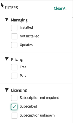 Anwendungsfilter mit ausgewählter Option „Abonniert“