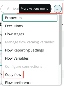 Flow Designer-Menü „Weitere Aktionen“ mit hervorgehobener Option „Flow kopieren“.