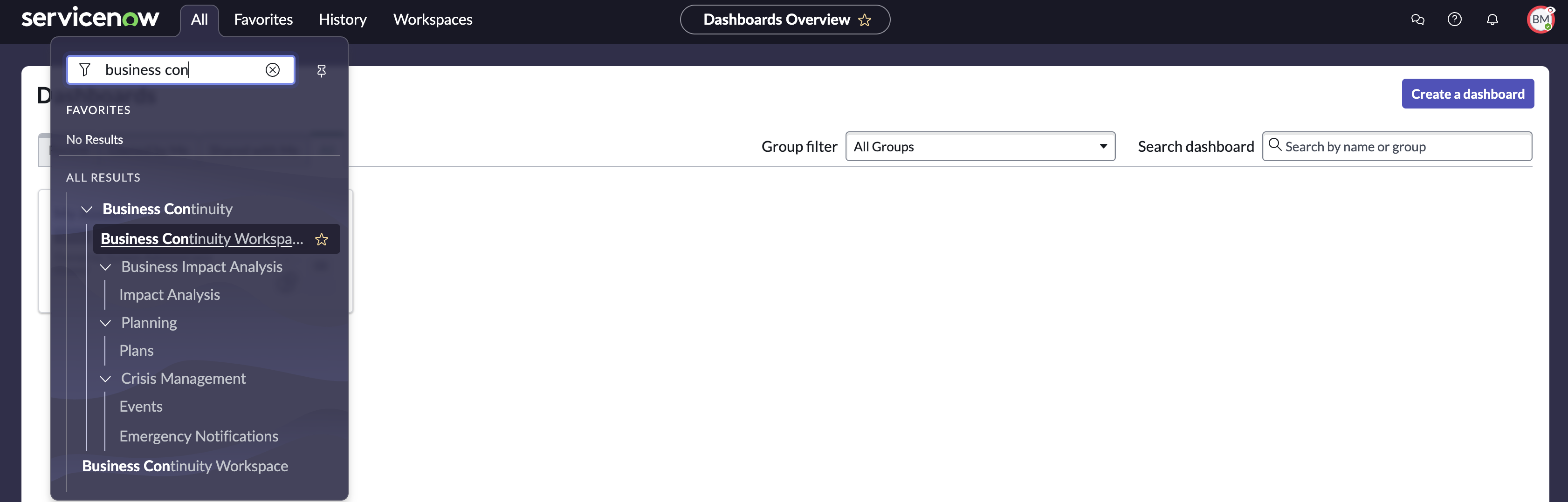 Menu do navegador de aplicações para o Espaço de continuidade de negócios.