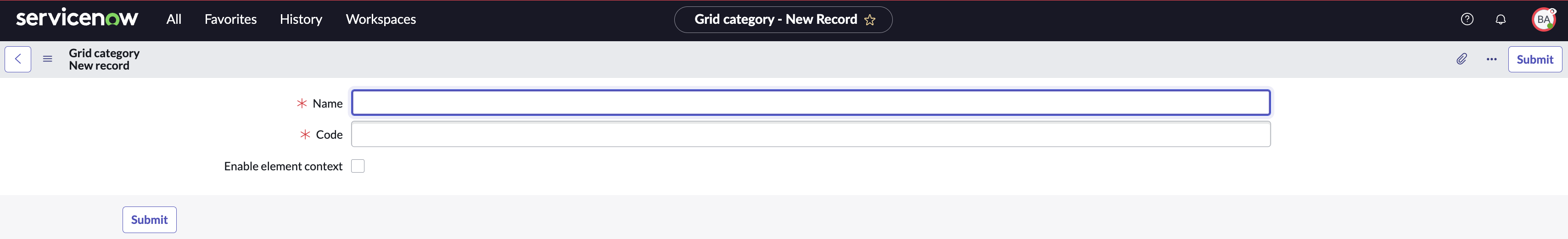 Configuração de uma categoria de grade.