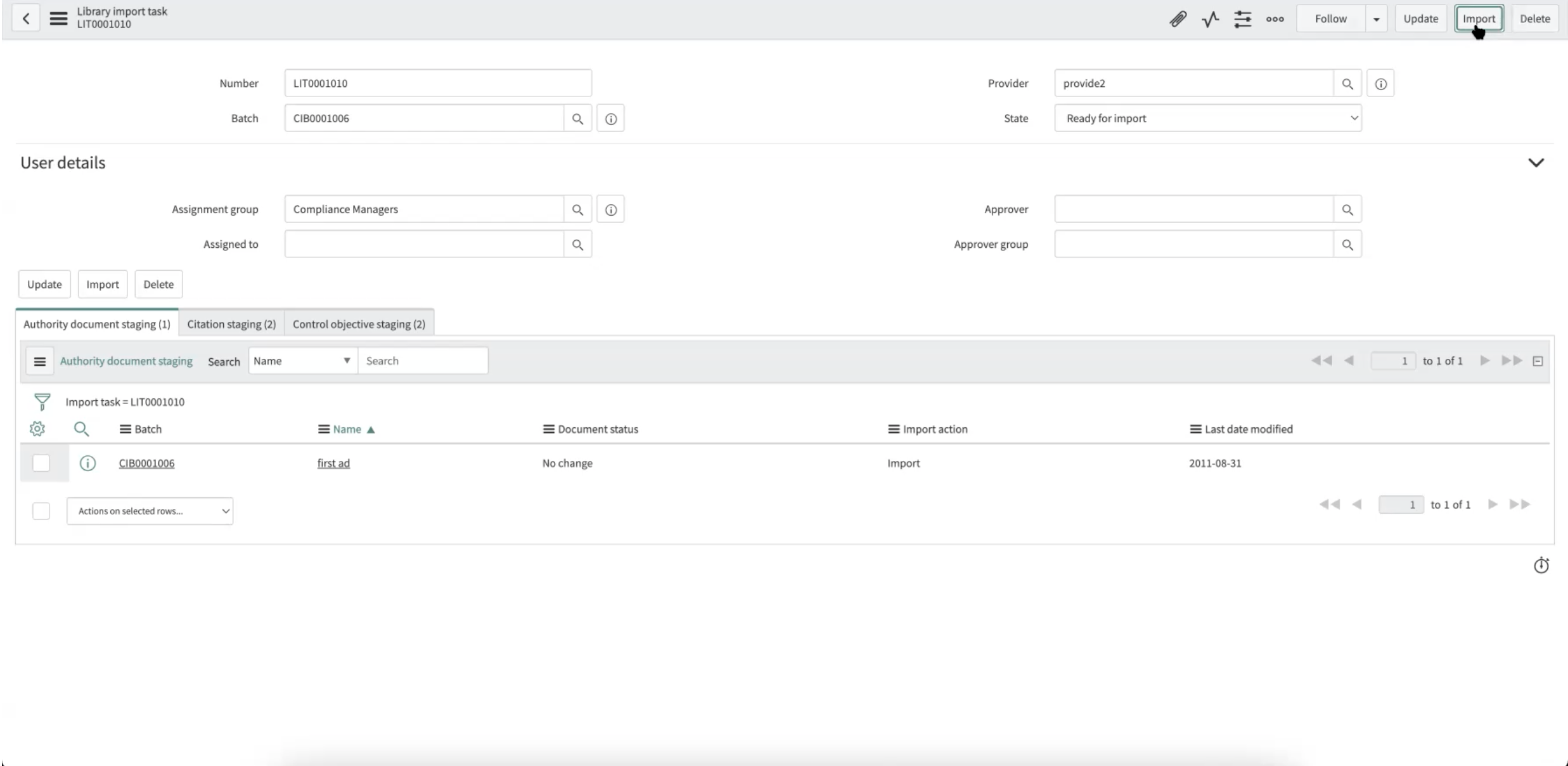 Tarefa a ser importada.