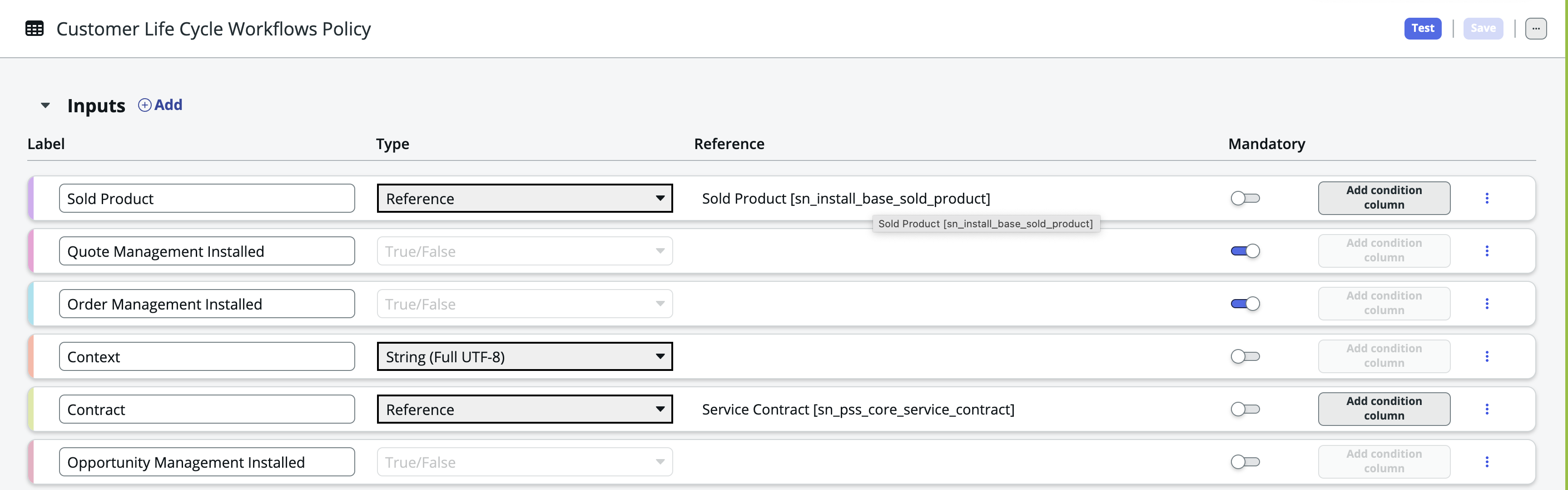 Workflows du cycle de vie du client Table de décision de politique