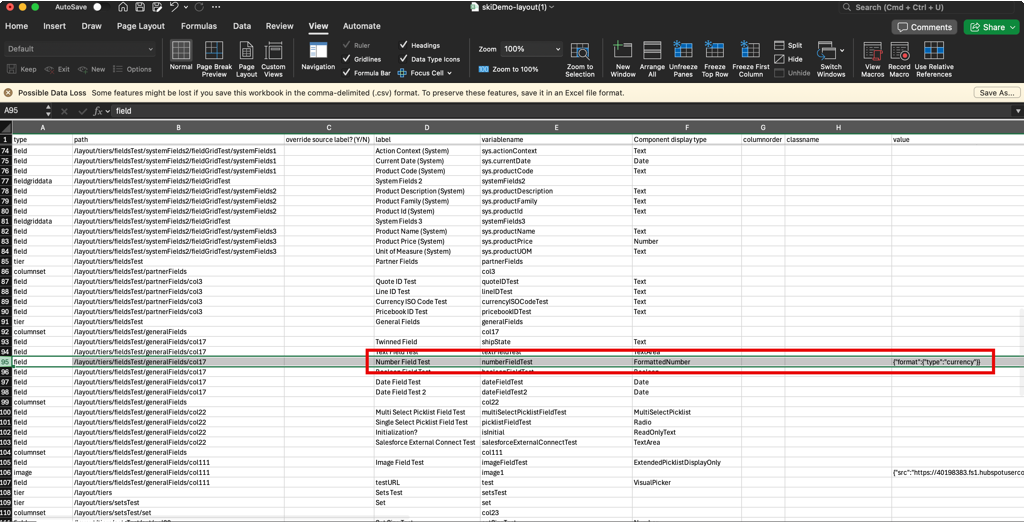CSV de mise en page