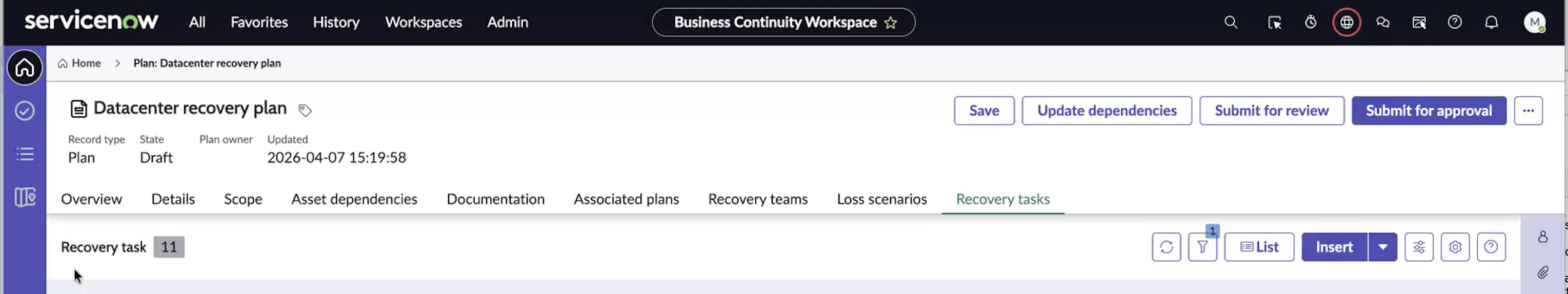 Recovery tasks tab on a plan record showing the toolbar with Gantt, Insert, Add groups, and List controls.