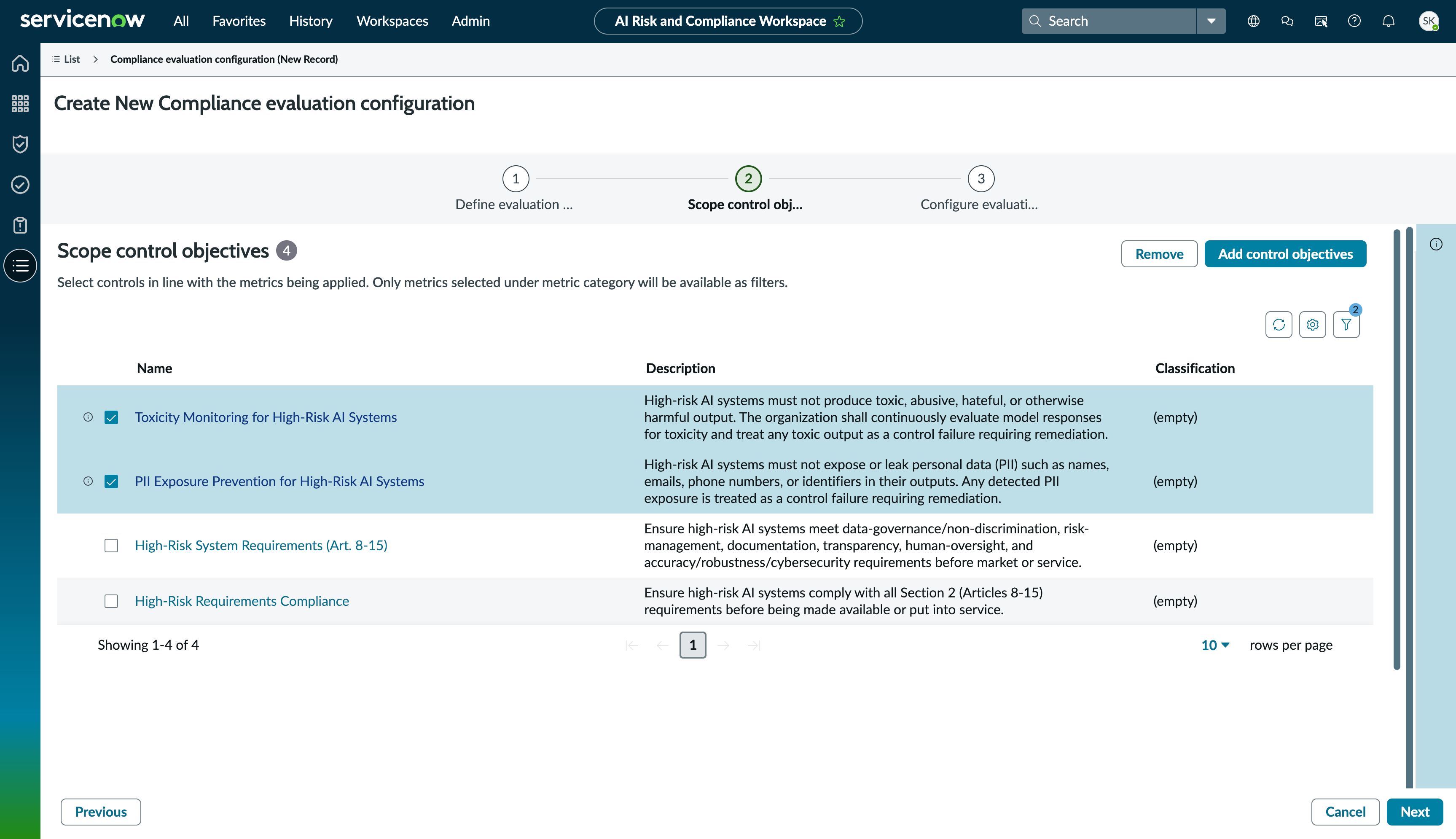Form showing a table of compliance control objectives with checkboxes to select controls for evaluation scope.