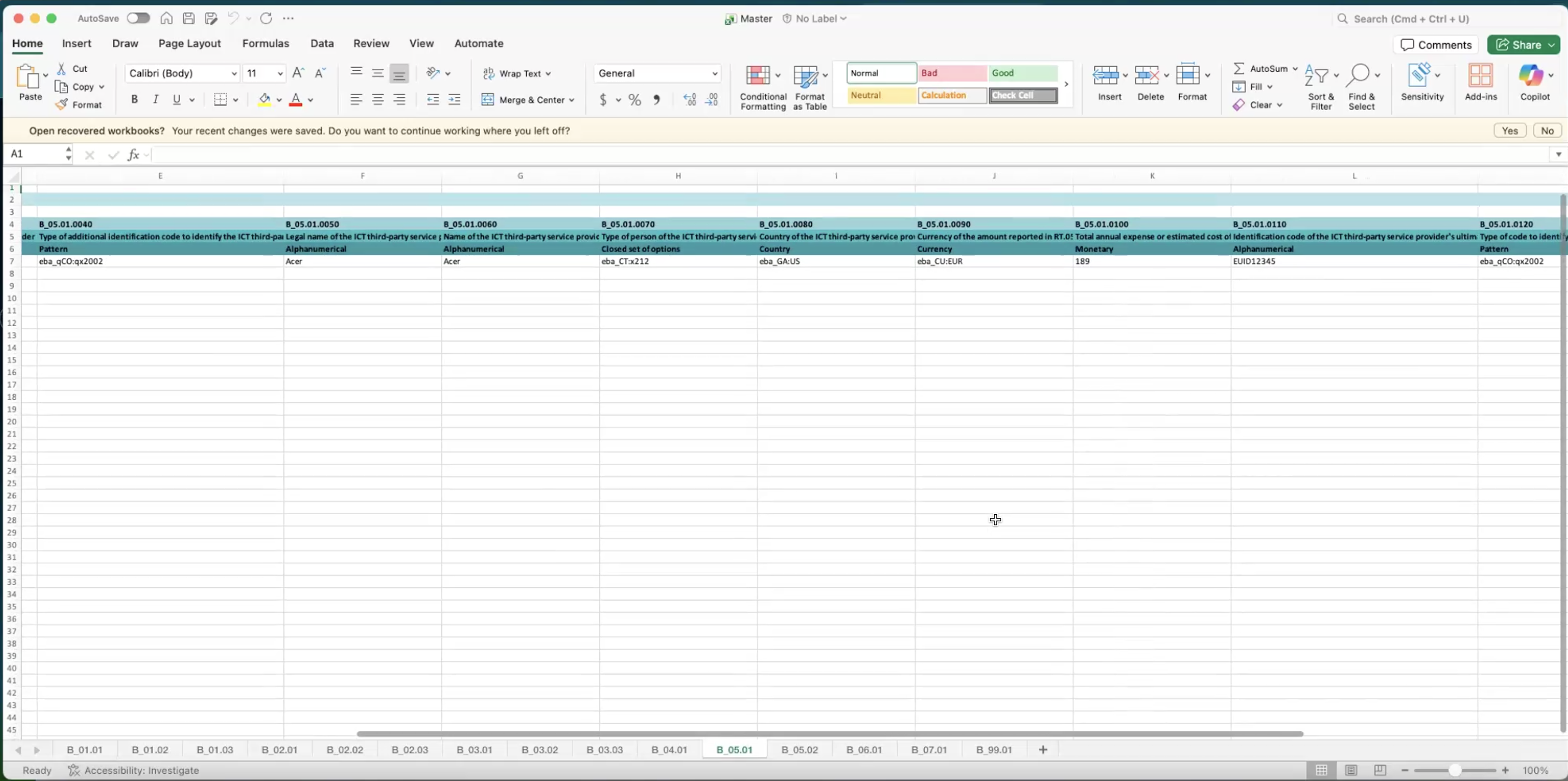 DORA template with contractual information for 501 format.