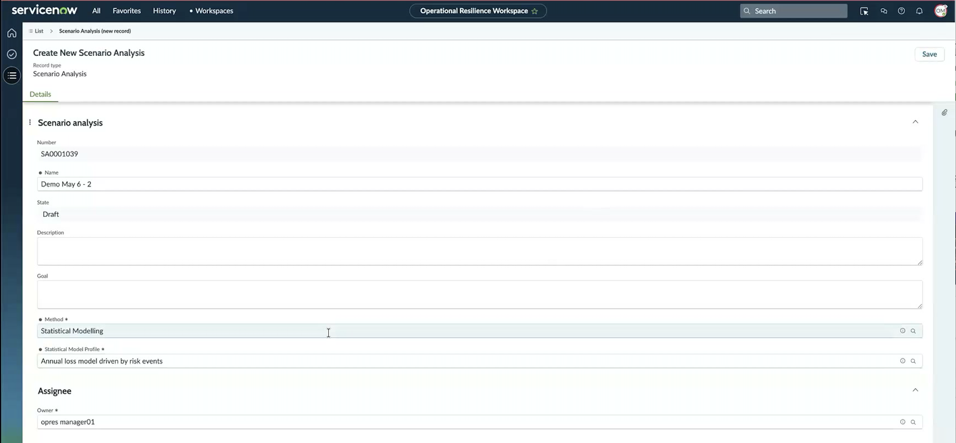 Create New Scenario Analysis form with Method set to Statistical Modelling and the Annual loss model driven by risk events profile selected.