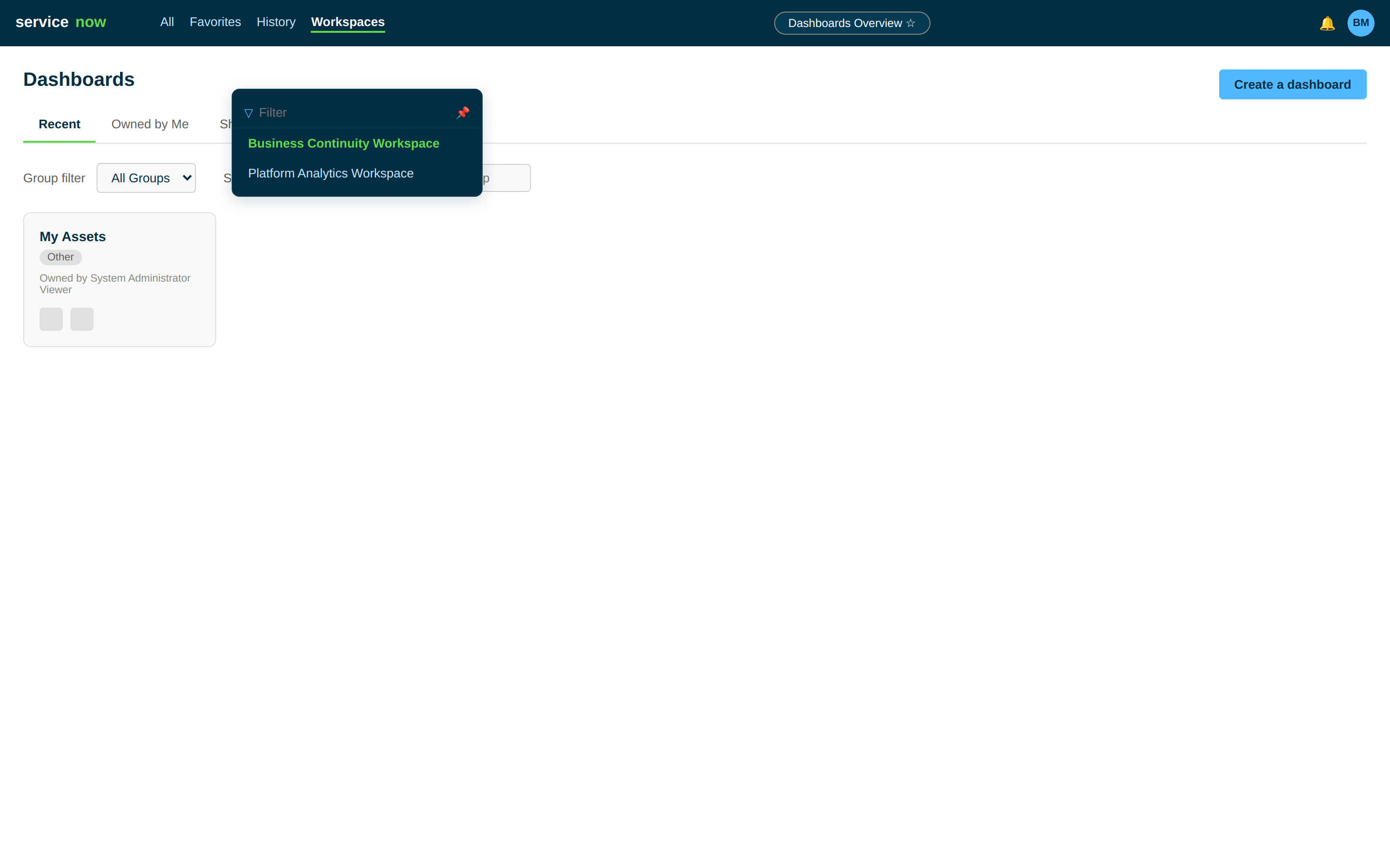 Workspaces menu for Business Continuity Workspace.