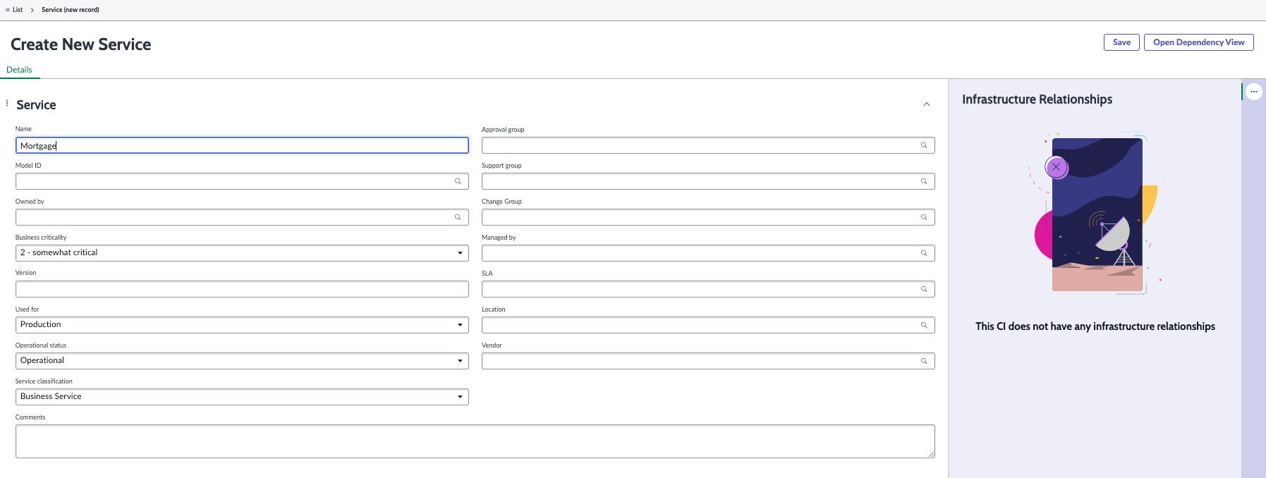 Details tab in the Create New Service form.