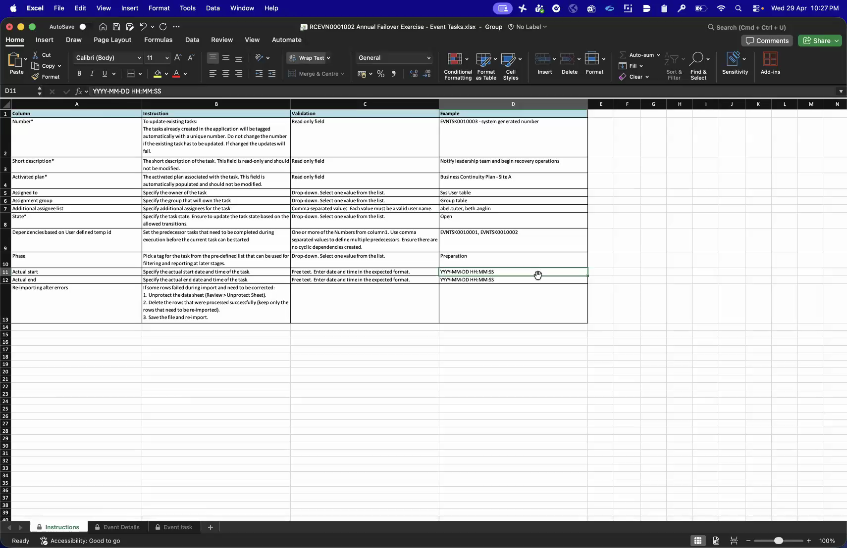 The Instructions sheet in the exported Excel file showing per-column guidance, valid values, and examples.