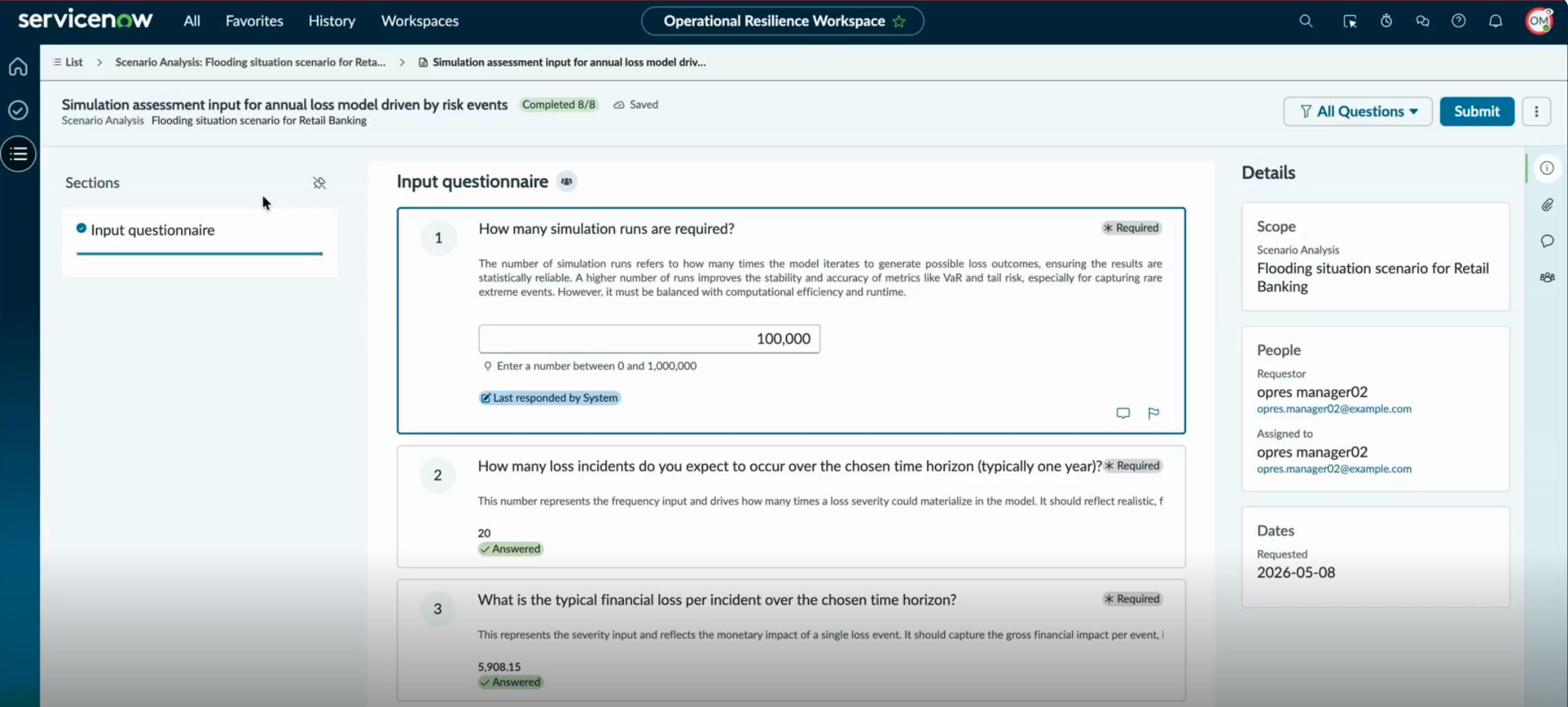 Simulation assessment input form.