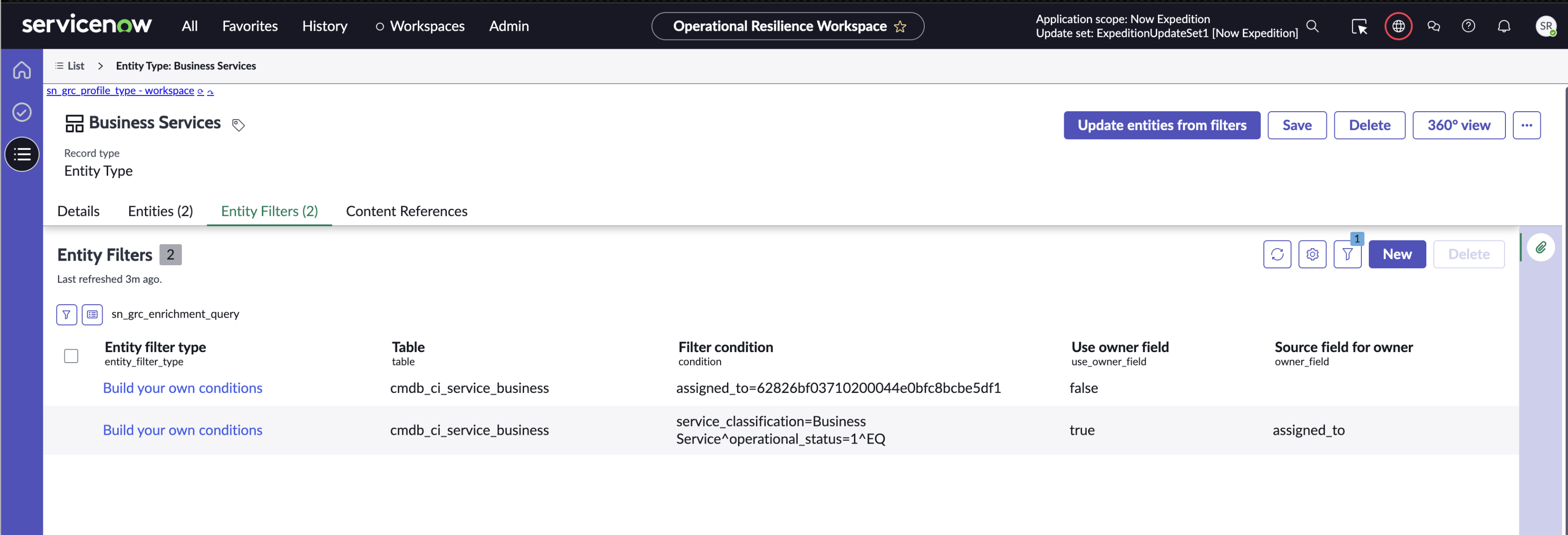Updates the entities in the Entities tab.