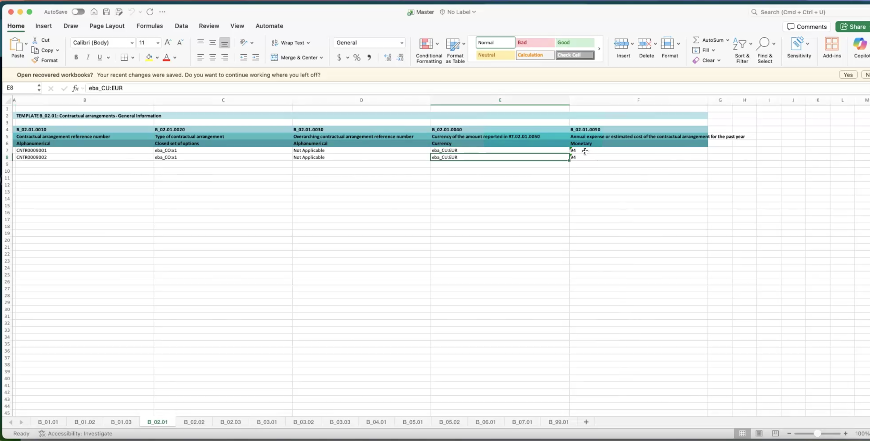 DORA template with contractual information.