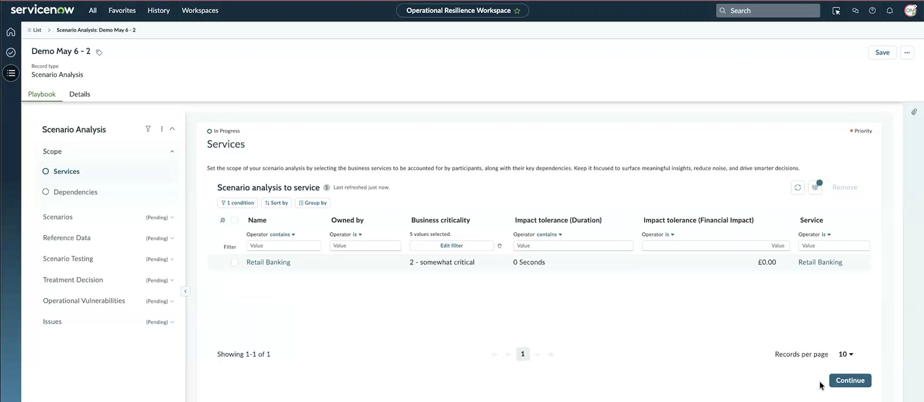Services table on the Scope step showing one selected service with Business criticality, Impact tolerance Duration, and Financial Impact columns populated.