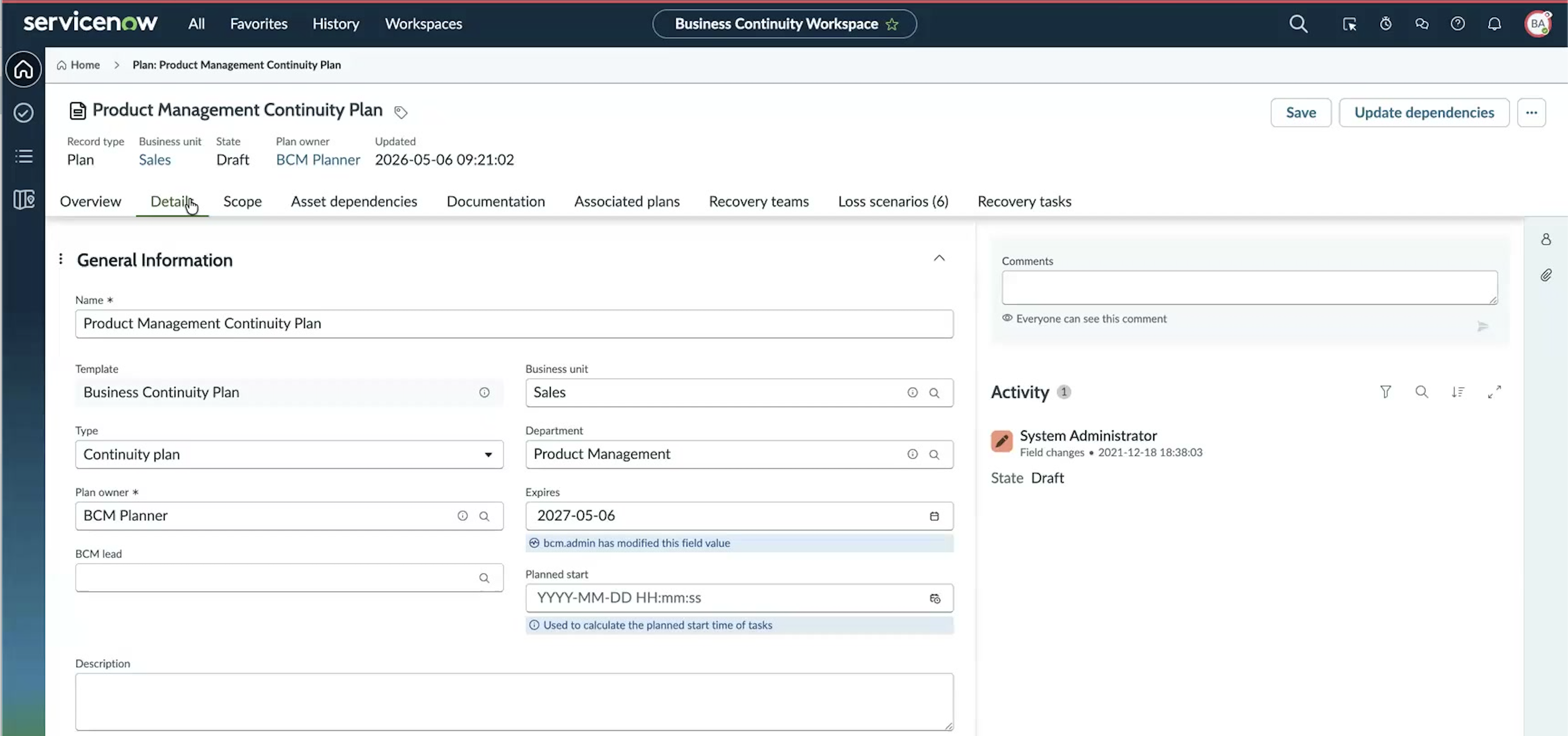 Plan record Details tab with the Planned start field highlighted under General Information, showing the helper text "Used to calculate the planned start time of tasks".