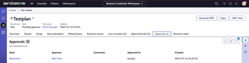 Approvals tab.