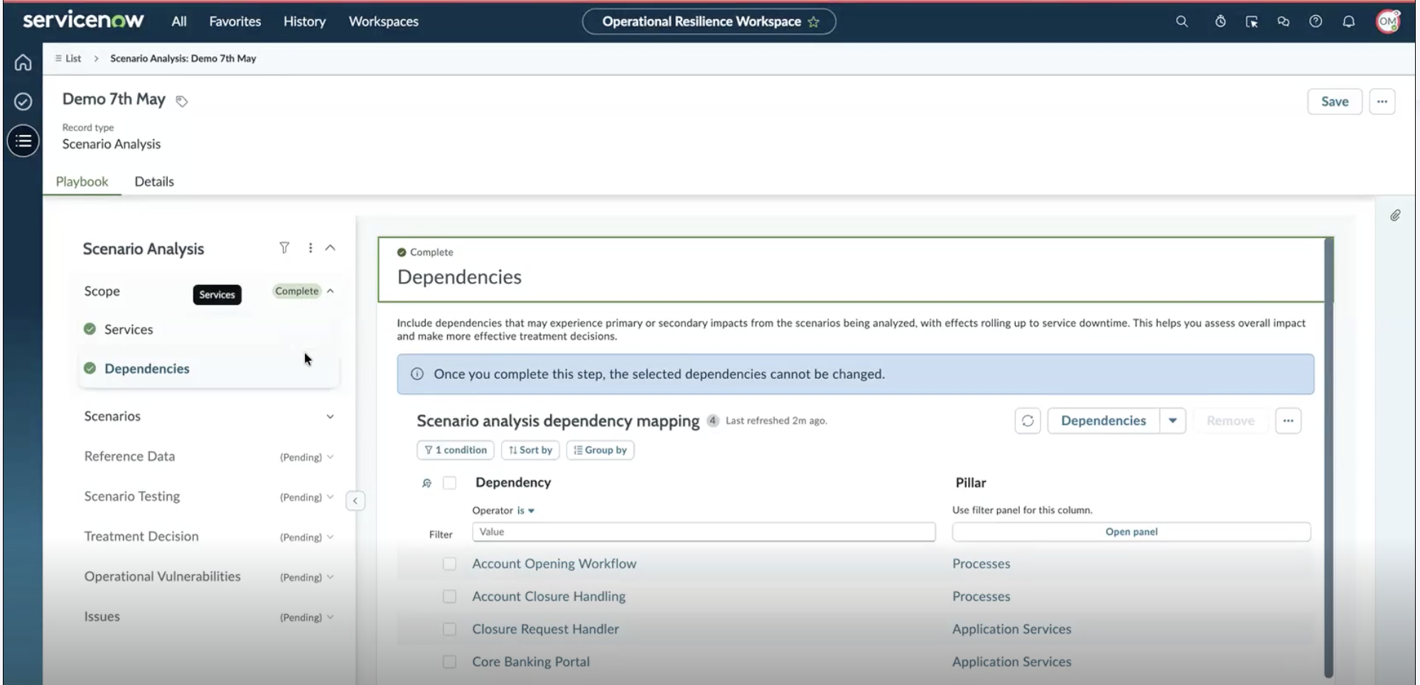 Dependencies sub-step in the Complete state, with the Scope badge updated to Complete in the stage panel.