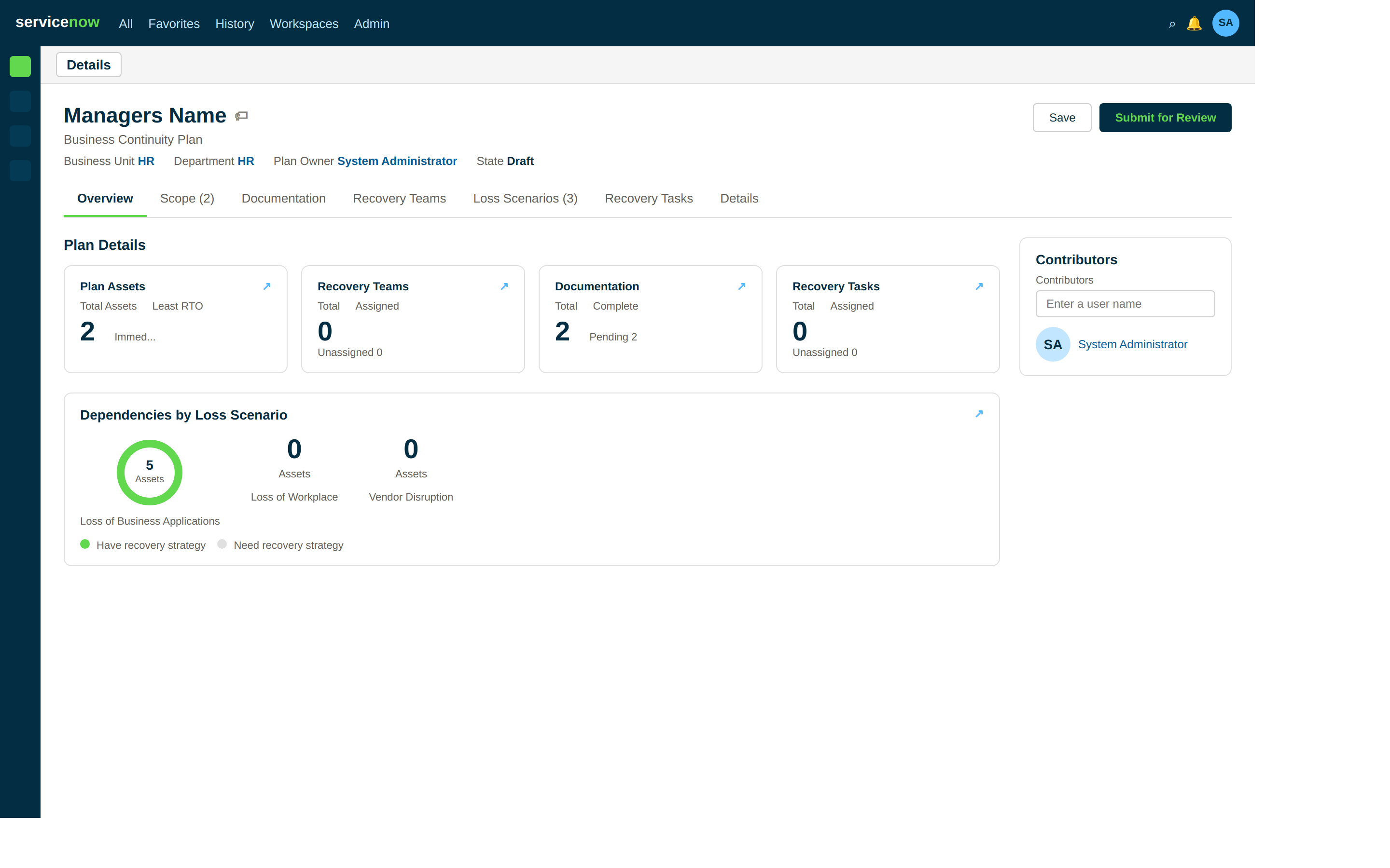 BCP workflows displaying an overview of plan details