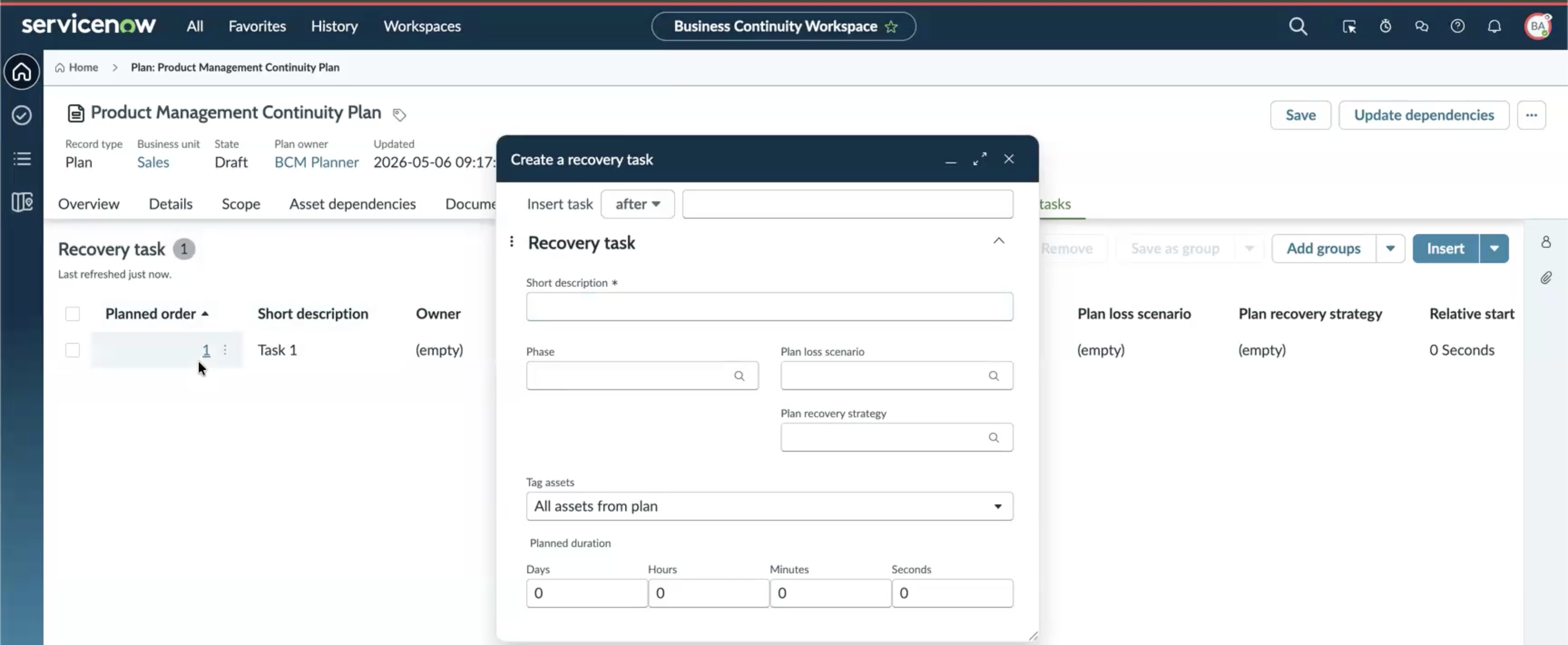 Quick recovery task panel showing the Plan loss scenario field and the All assets from plan field in the Assignment details section alongside Planned duration Hours, Minutes, and Seconds fields.