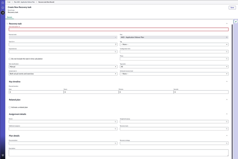 Create New Recovery task form.