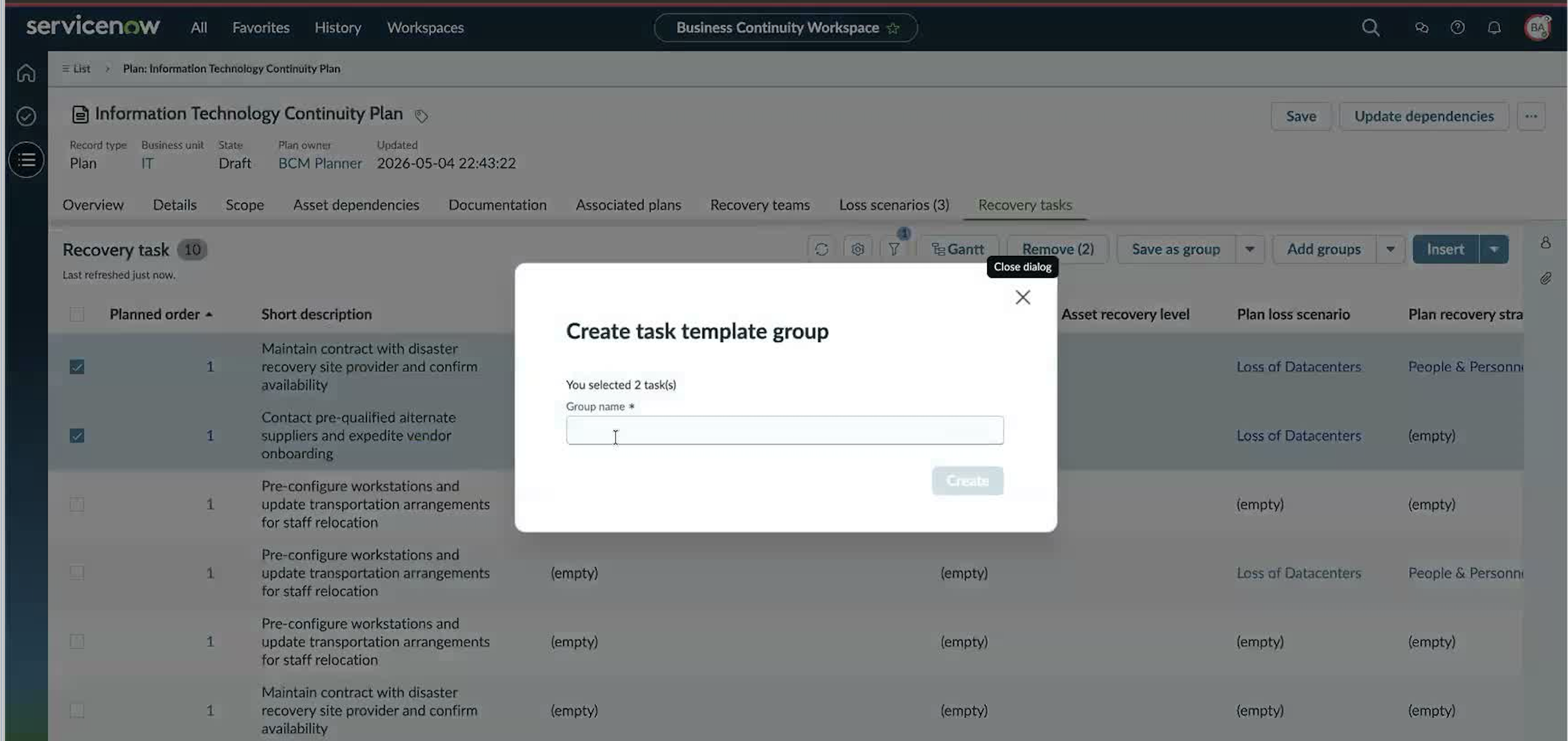 Create task template group modal showing the You selected 2 task(s) confirmation and the Group name field.