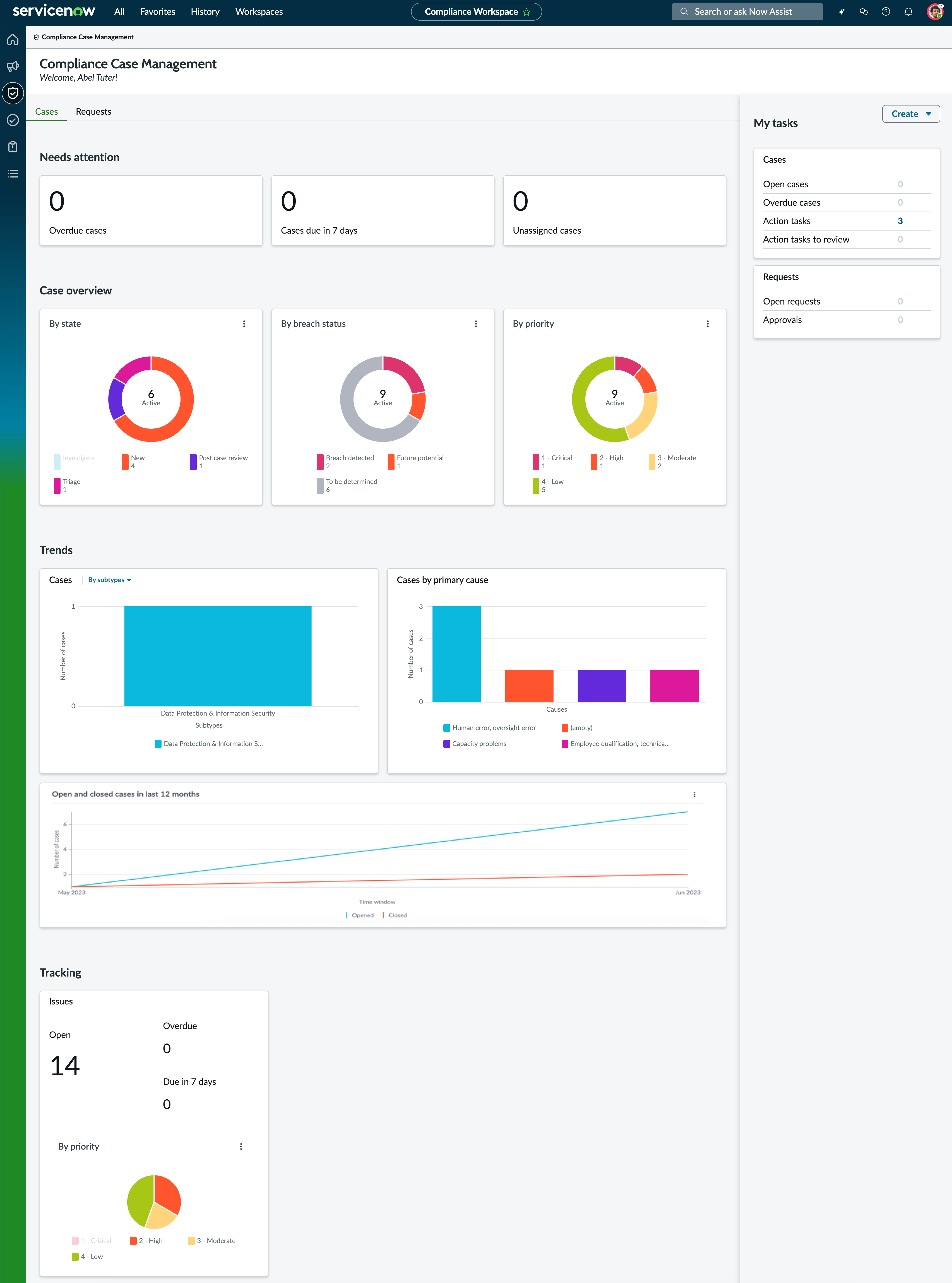 Compliance case management landing page cases view.