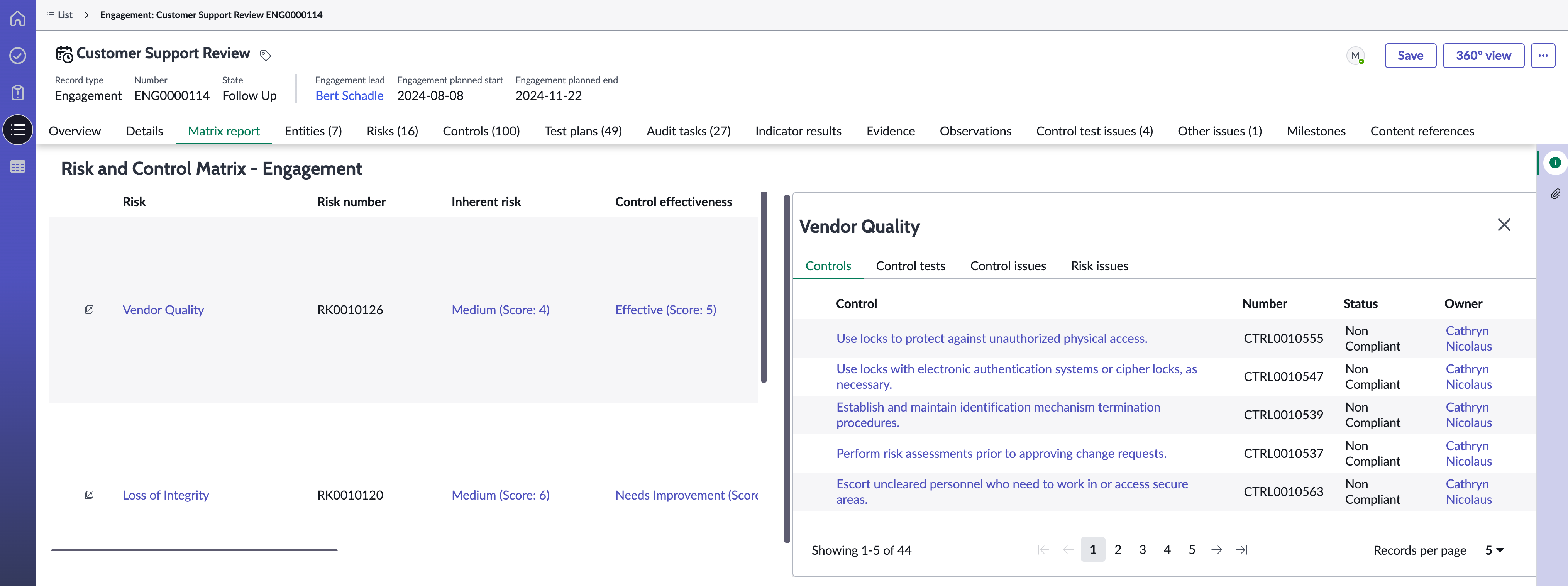 Record page display type of Risk and Control Matrix report in the List view of the Audit Workspace.