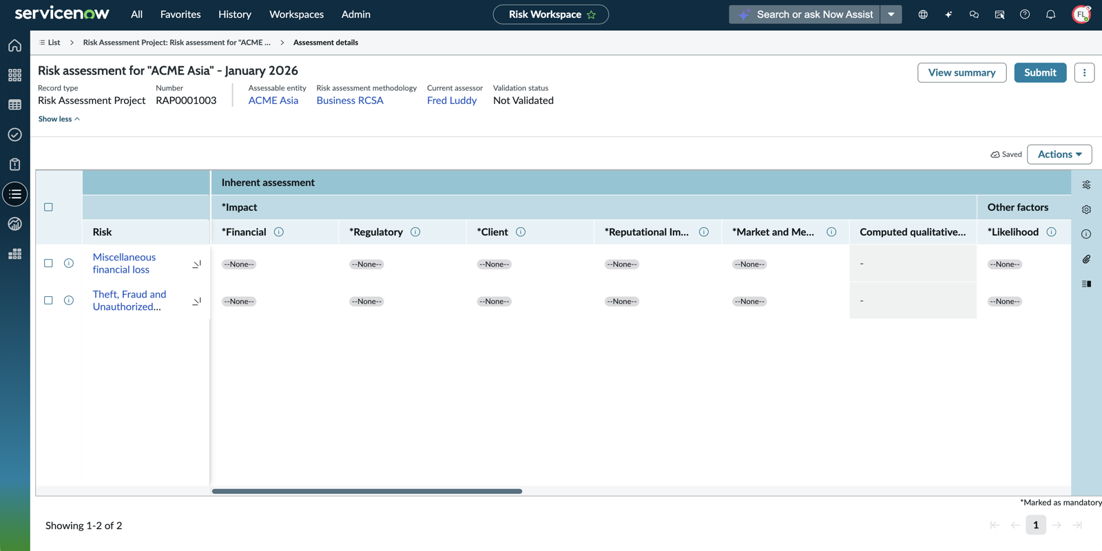 Grid view of risk assessment project