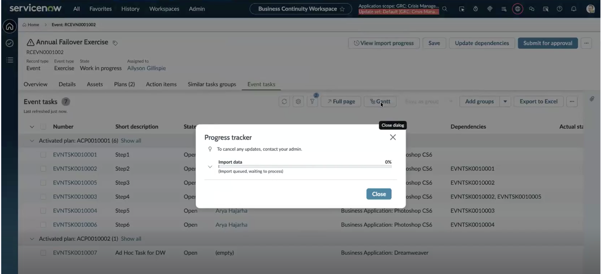 The Event tasks related-list action bar showing the View import progress button and the inline status indicator while an import is running.