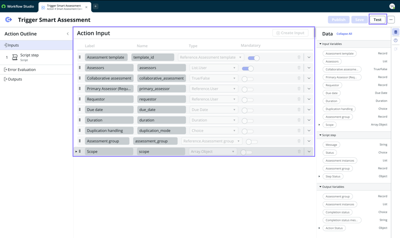 Displays the action input fields and test action button for triggering the smart assessment.