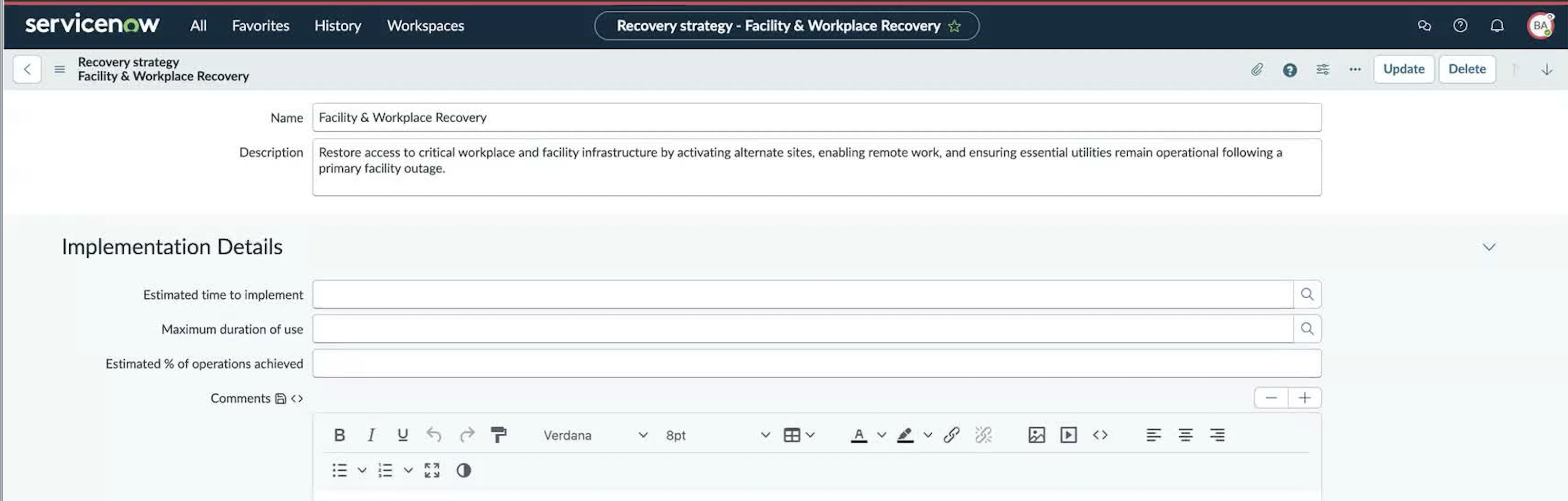 Recovery strategy template form showing Name, Description, and Implementation Details section.