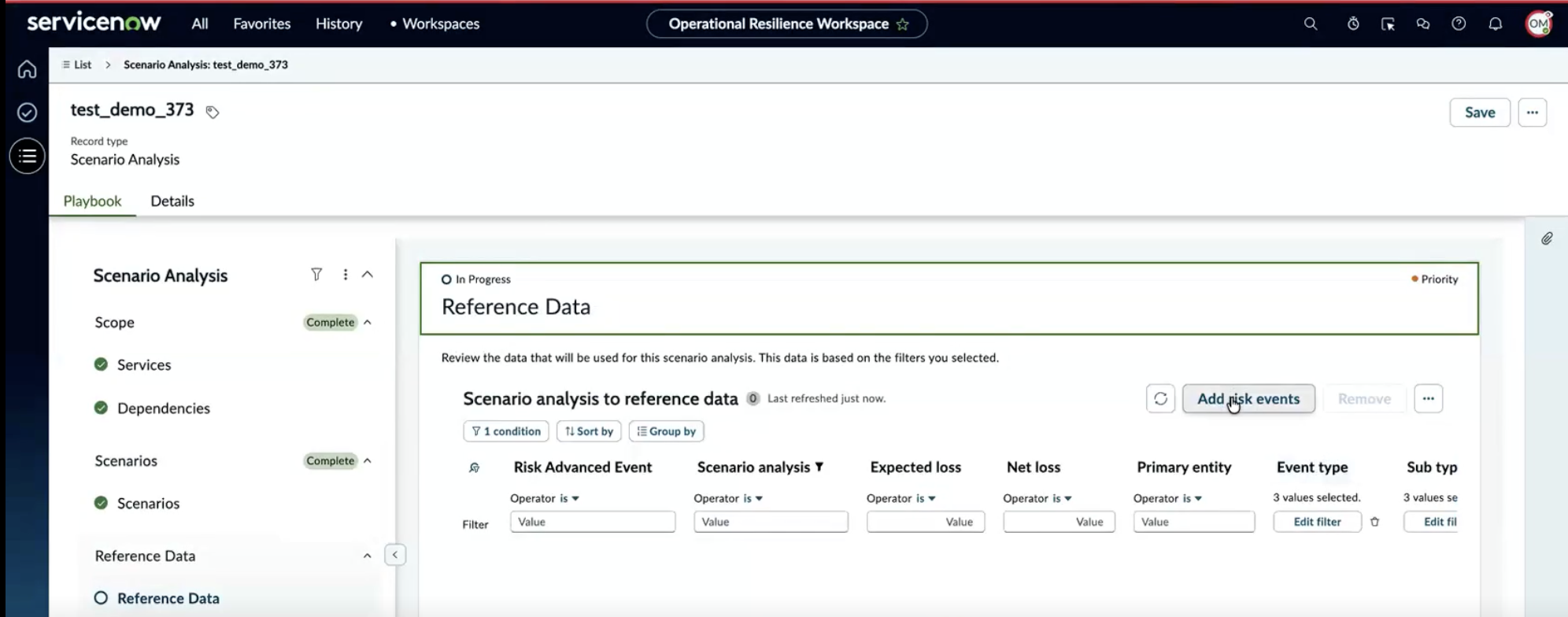 Action button 'Add risk events' before risk events are added; the column headers are Risk Advanced Event, Scenario analysis, Expected loss, Net loss, Primary entity, Event type, and Sub type.