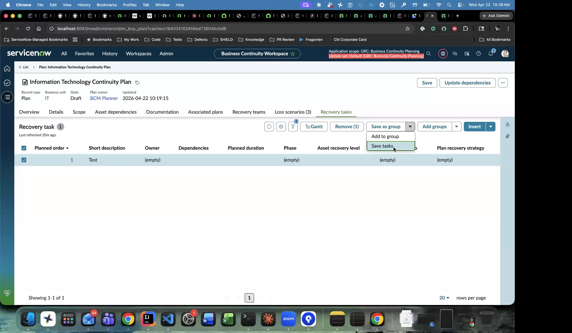 Recovery tasks tab toolbar showing the Save as group dropdown expanded with Save tasks and Add to group options.
