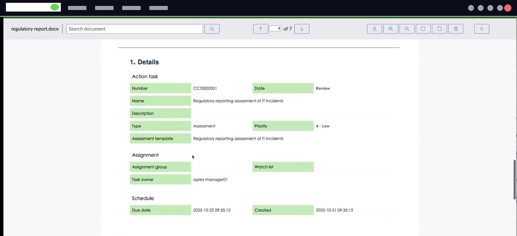 Fields in the Microsoft Word report.