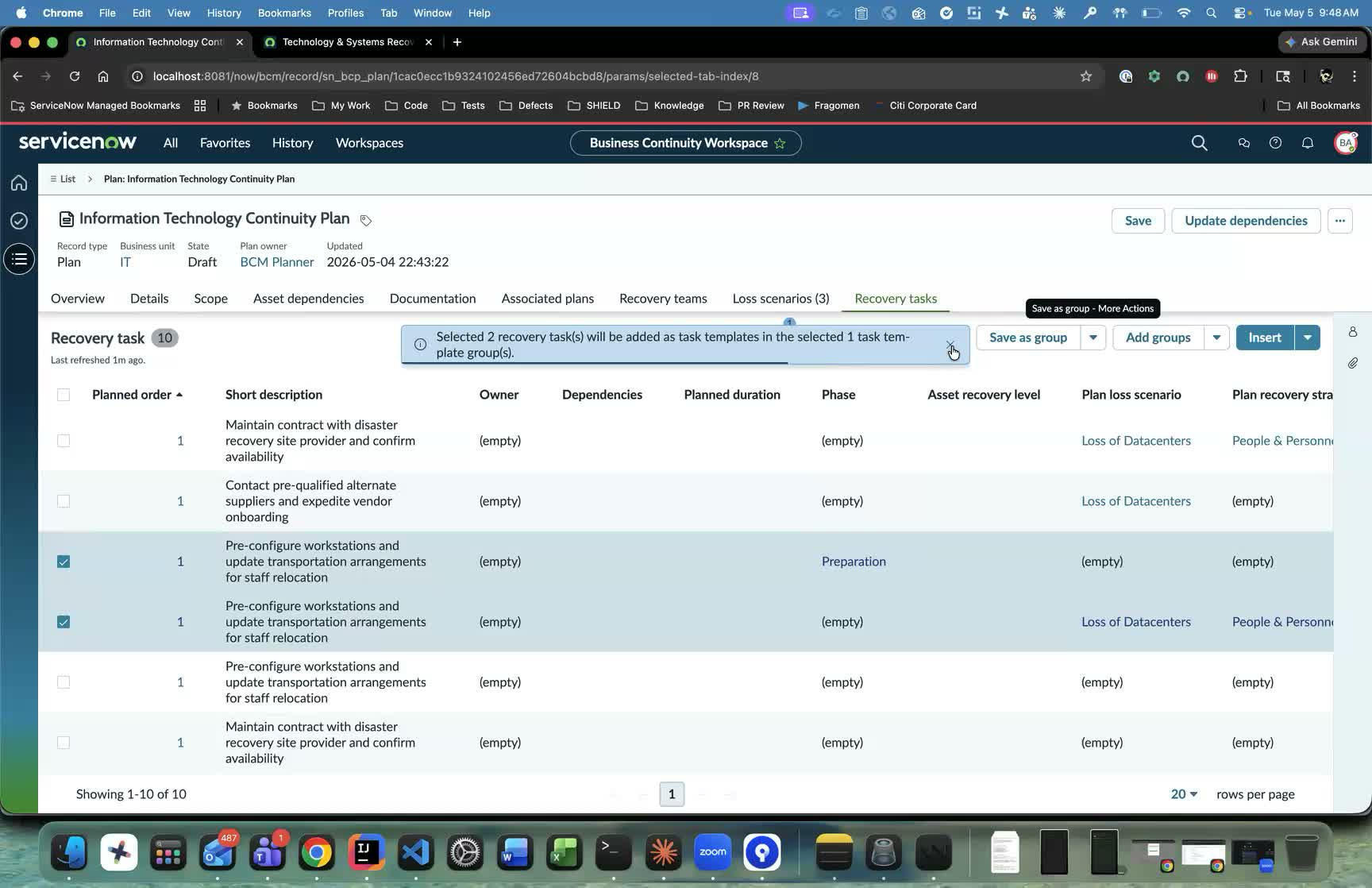 Banner confirming the selected recovery tasks were added as task templates in the selected task template group.