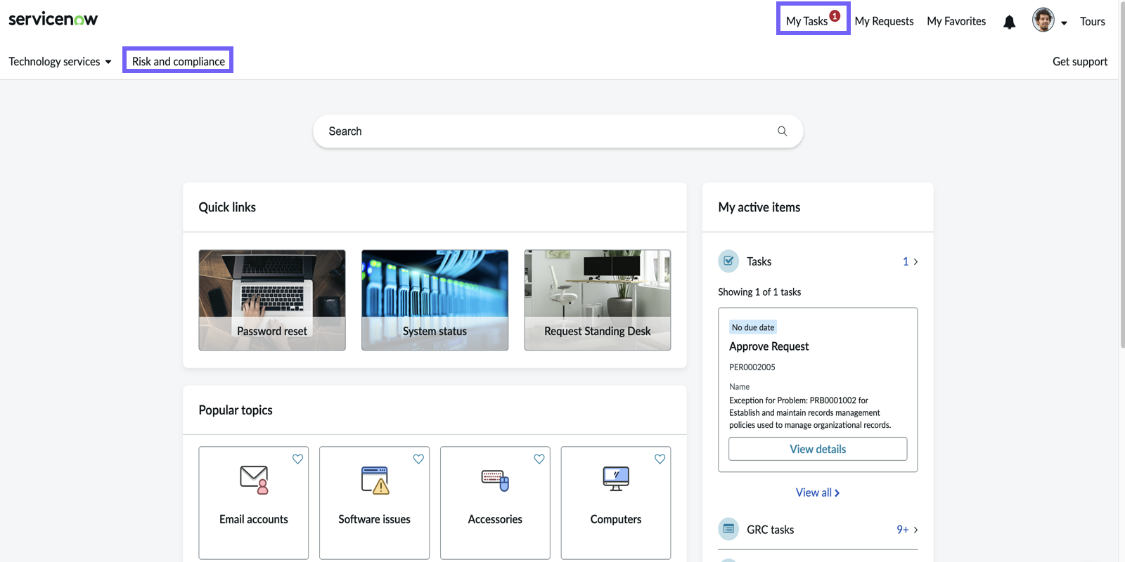 Employee center with GRC items and tasks.