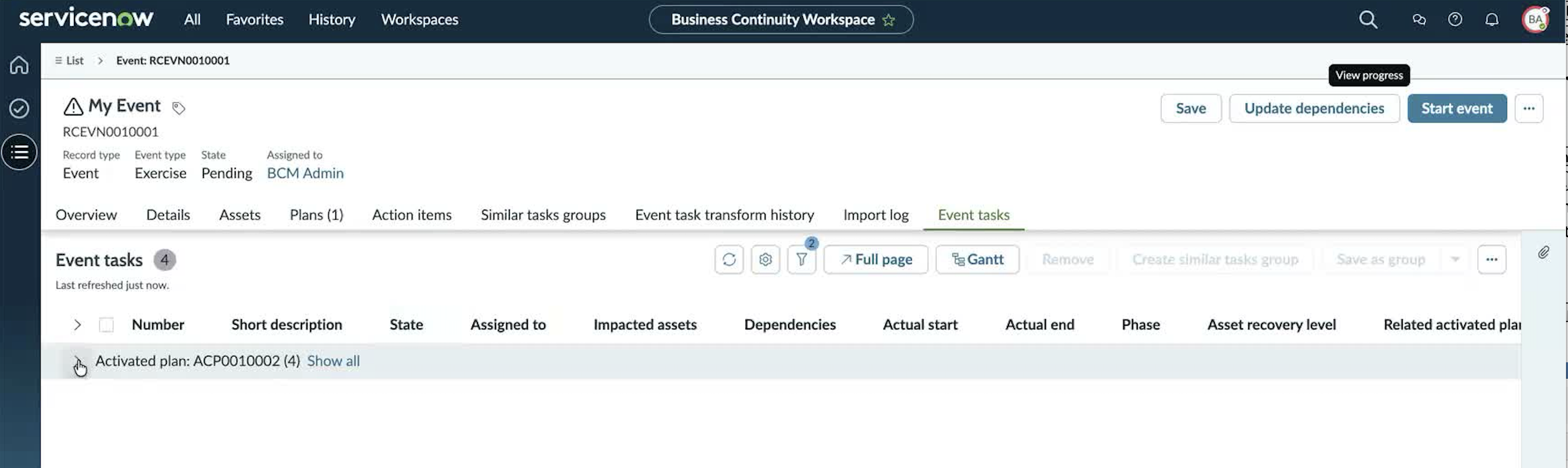 Exercise event Event tasks tab grouped by activated plan.