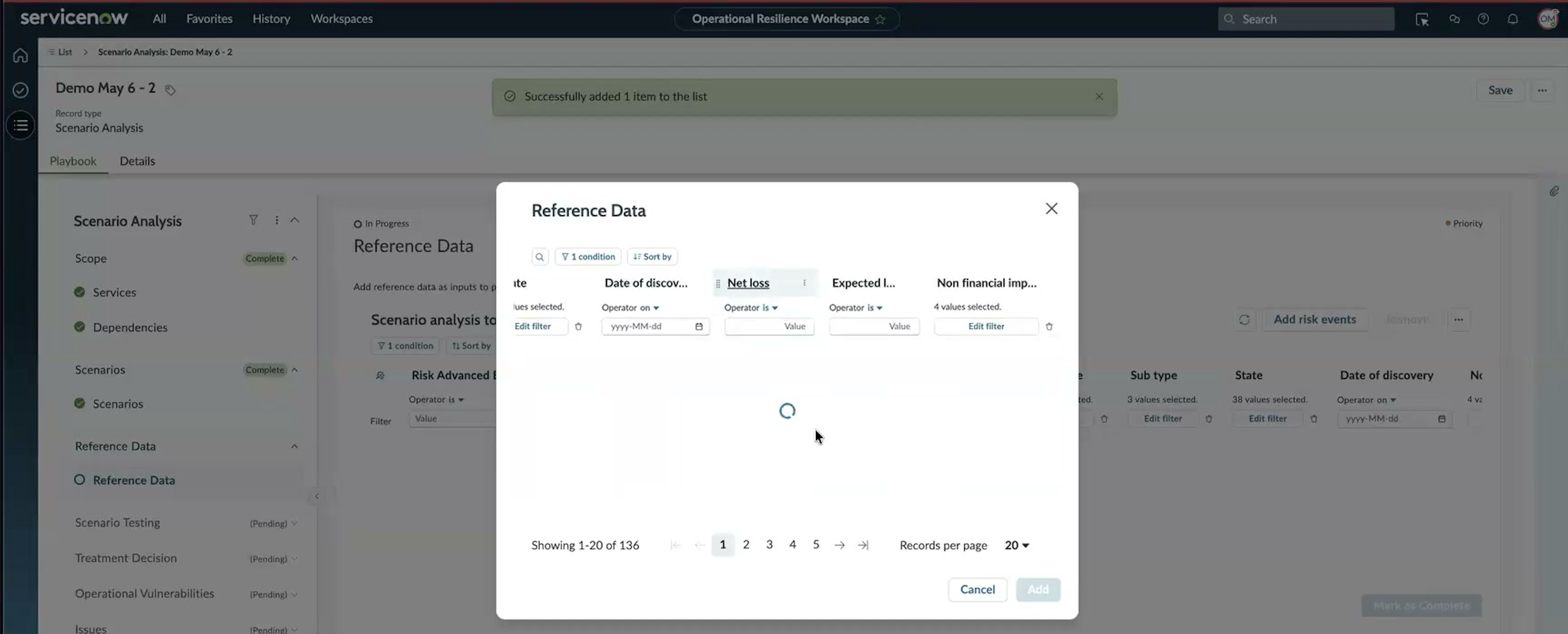 Add risk events pop-up showing the paginated list with the default columns Name, Primary entity, Event type, Sub type, and State.