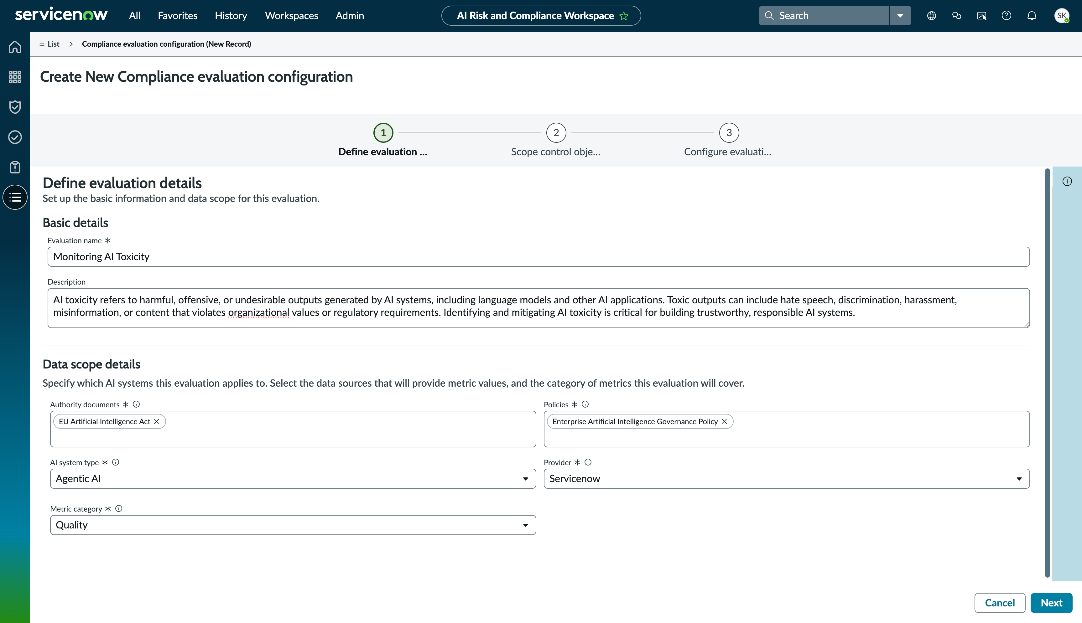 Form showing compliance evaluation configuration with fields for evaluation details and data scope. The fields shown include options for selecting authority documents, policies, AI system type, and metric category.