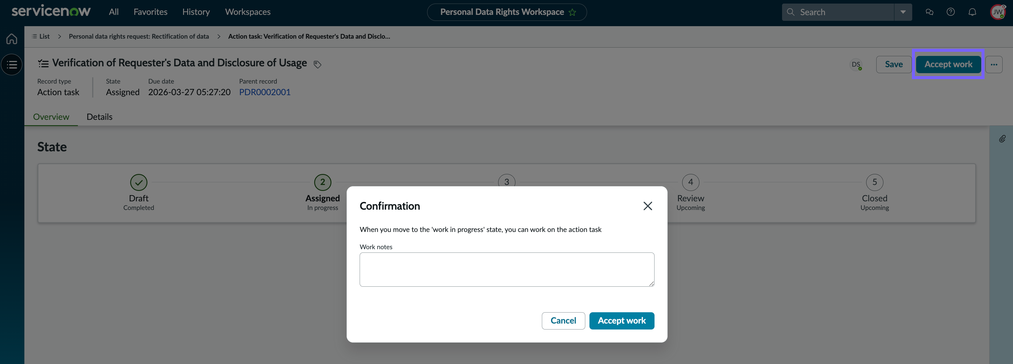 Accept work on an assigned action task.