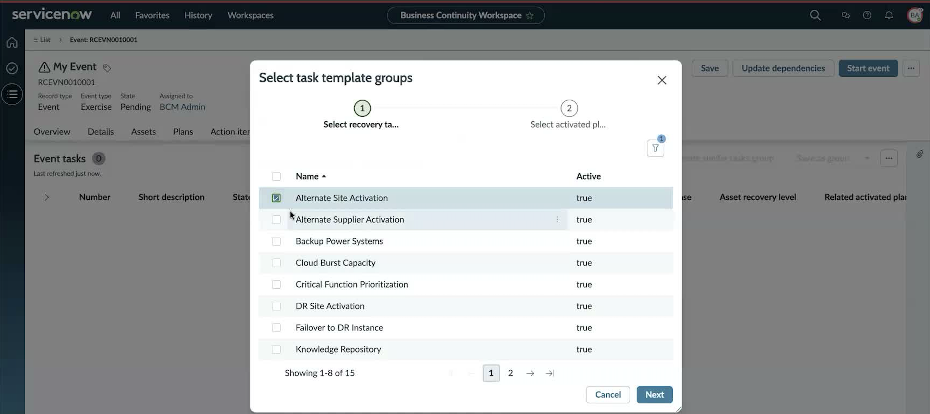 Select task template groups wizard with step 1 active and step 2 upcoming.
