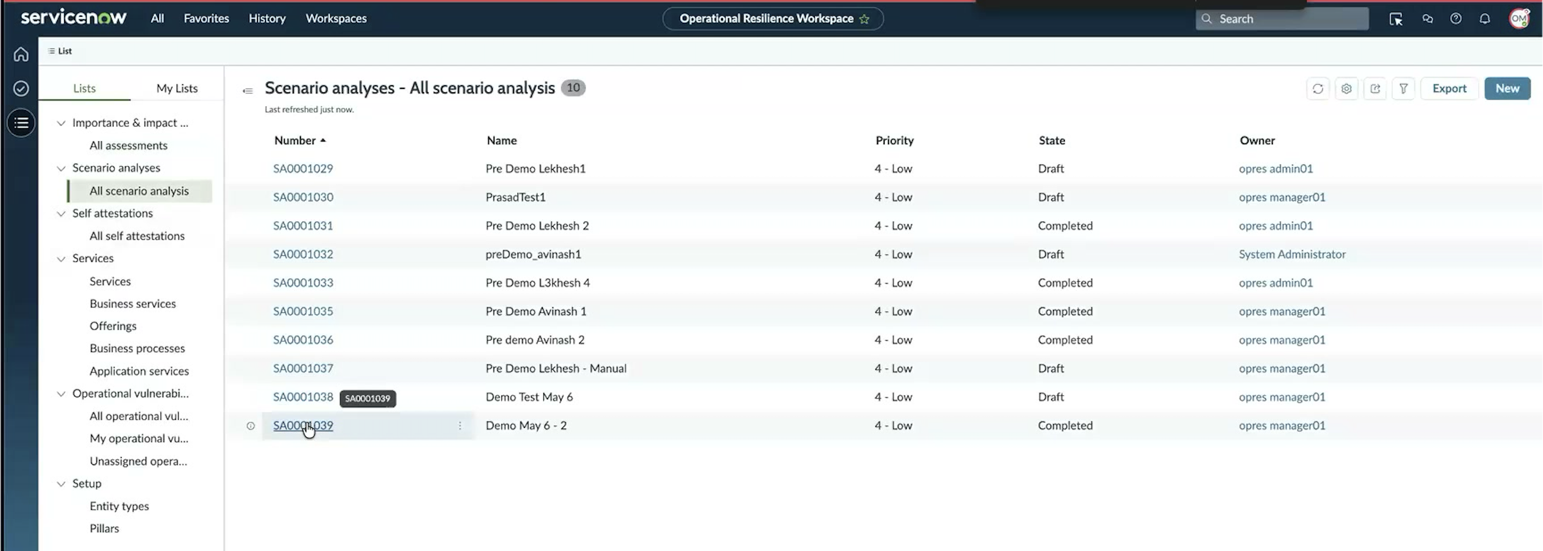 All scenario analysis list view with Number, Name, Priority, State, and Owner columns, showing Draft and Completed records.