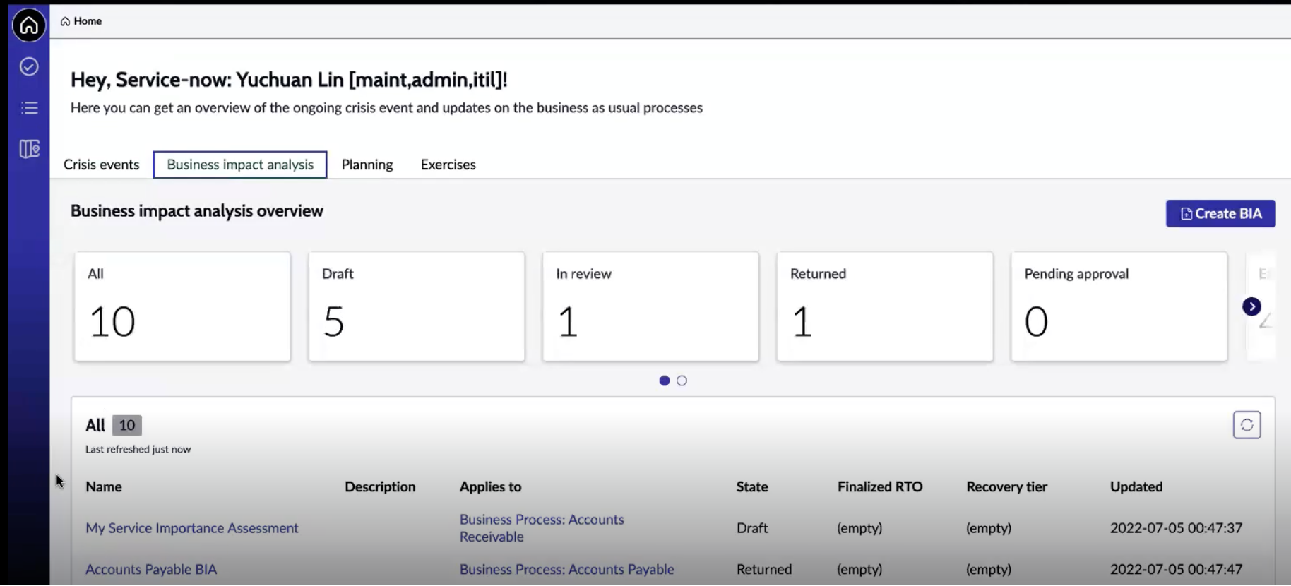 Create BIA from the Home page.