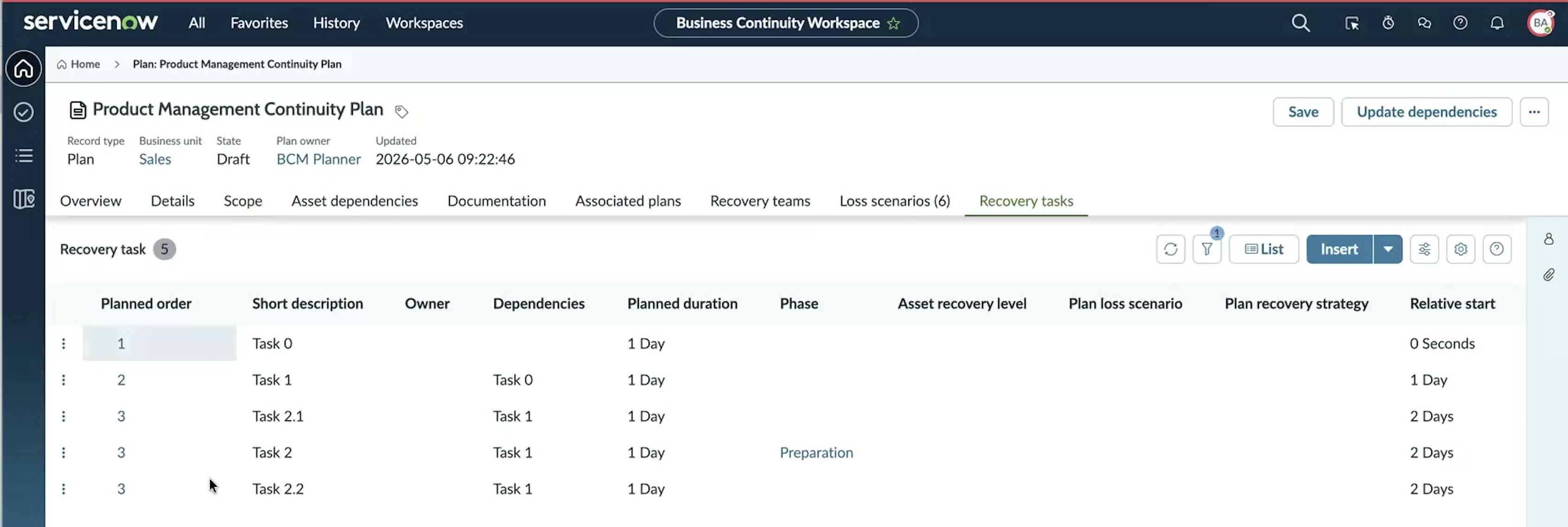 Recovery tasks tab showing the toolbar List, Insert, and Gantt controls, with Task 0, Task 1, Task 2.1, Task 2, and Task 2.2 in the planned order column.