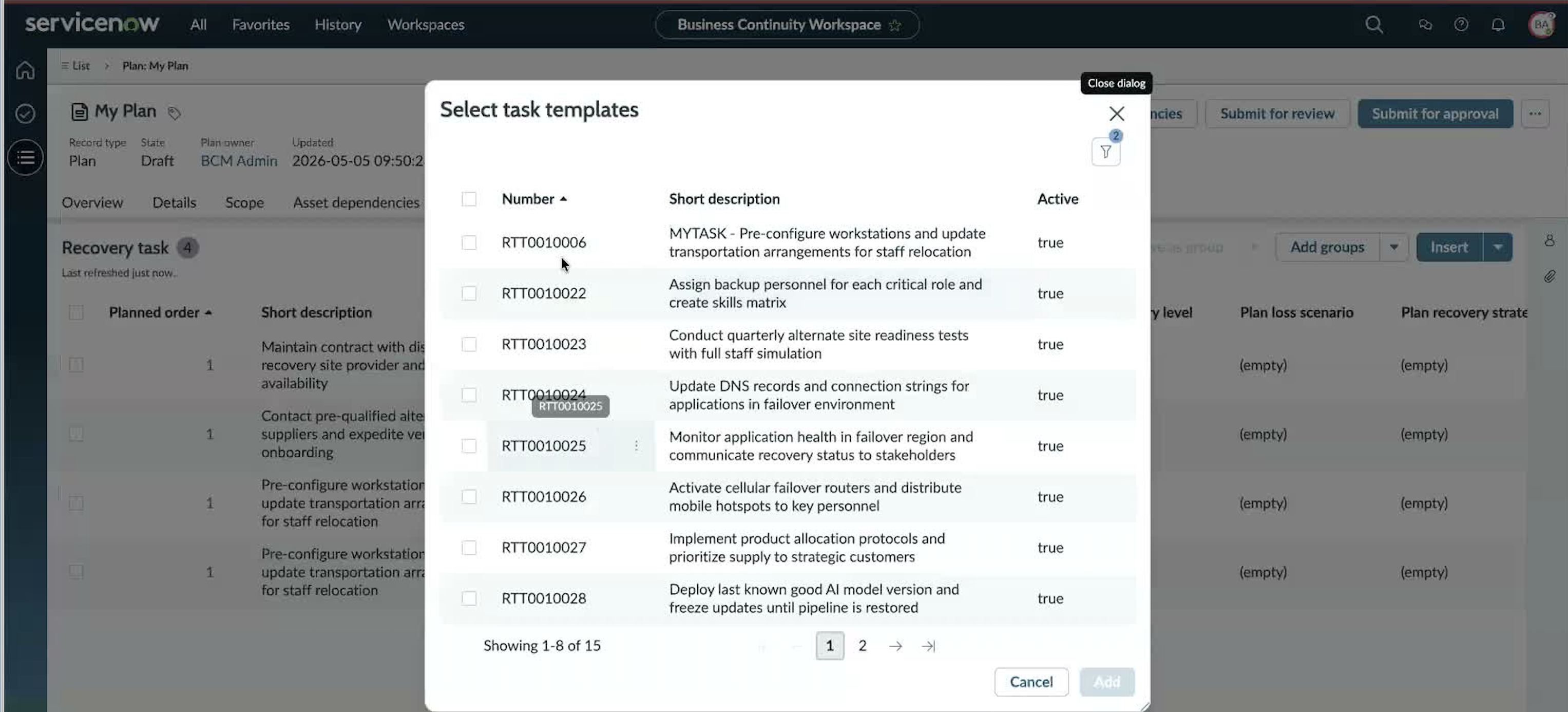 Select task templates dialog listing recovery task templates with Active status.