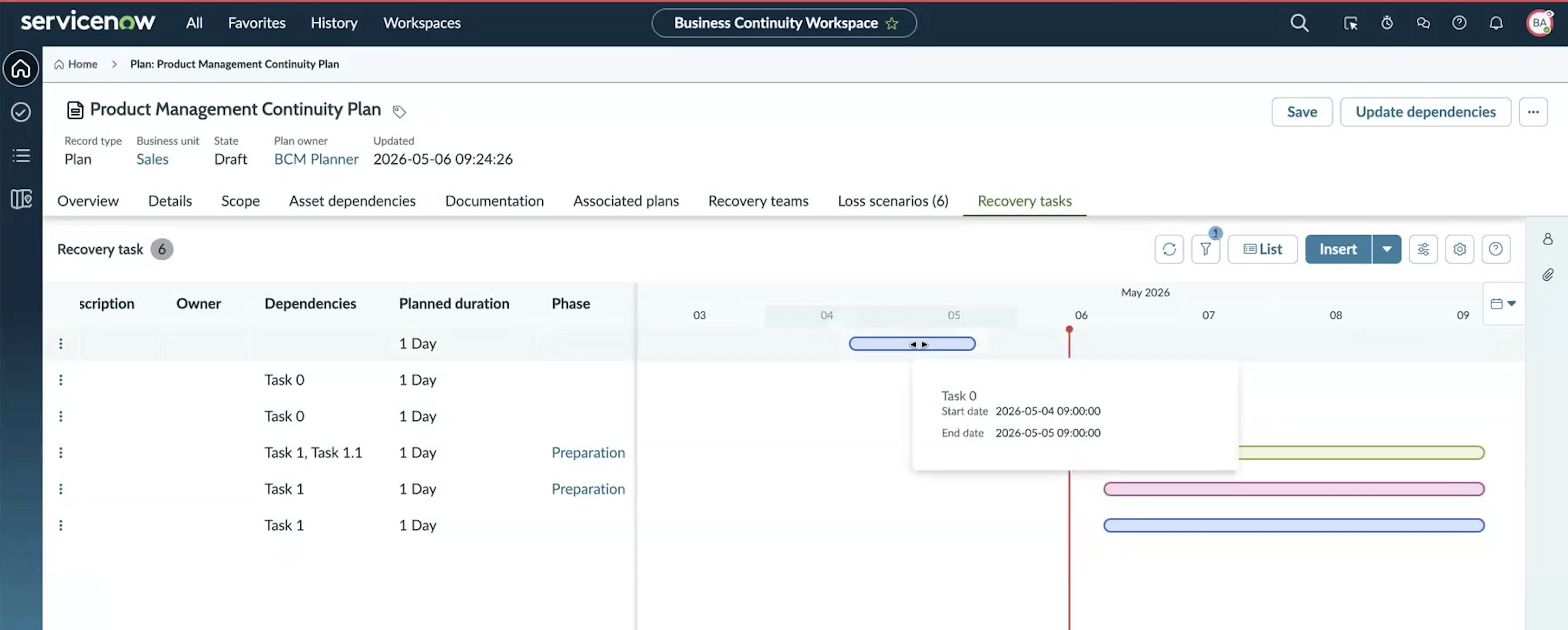 Gantt chart in Grid and timeline layout, with a tooltip on a Task 0 bar showing Start date 2026-05-04 09:00:00 and End date 2026-05-05 09:00:00.