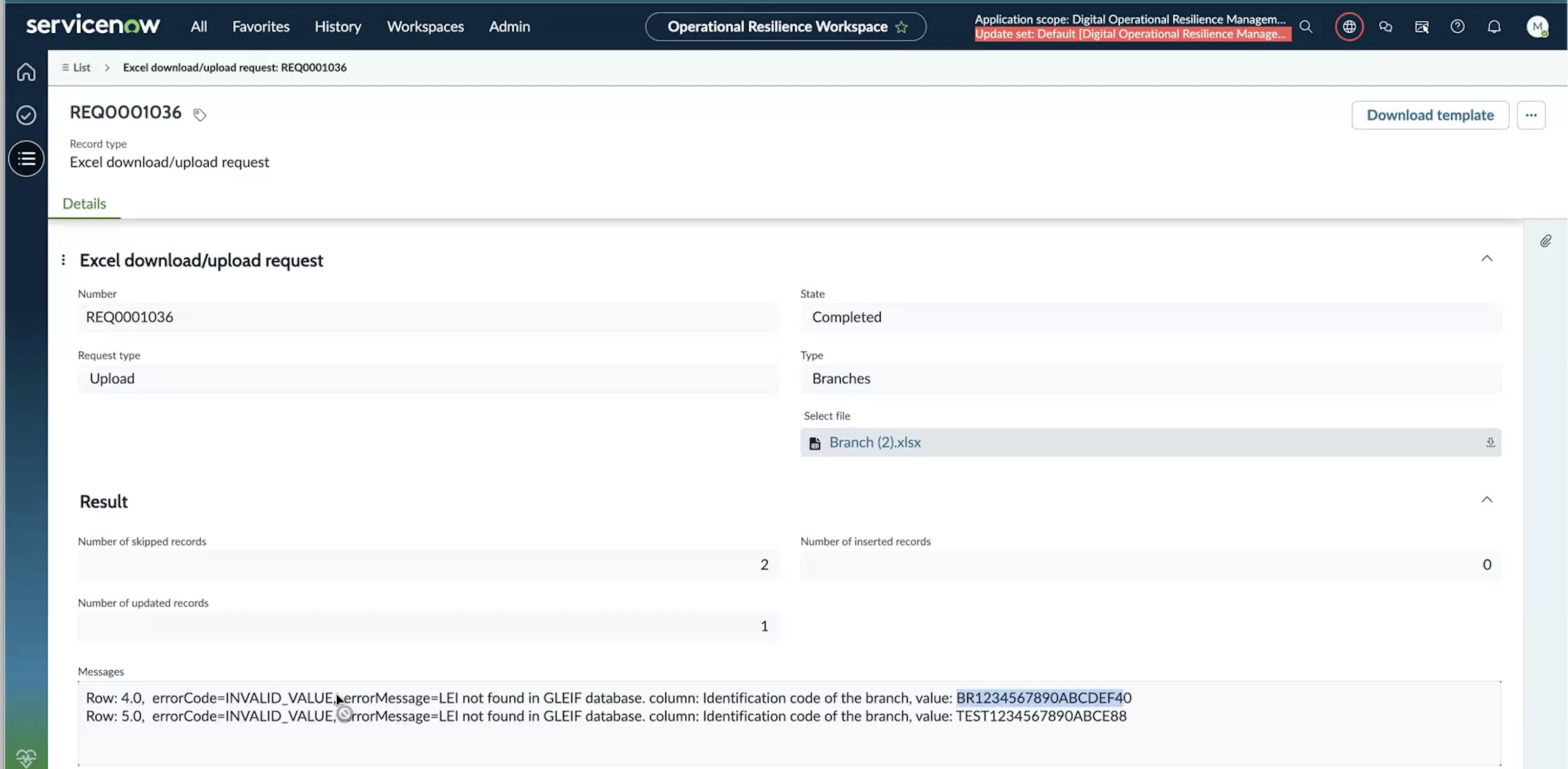 LEI validation upload error messages.
